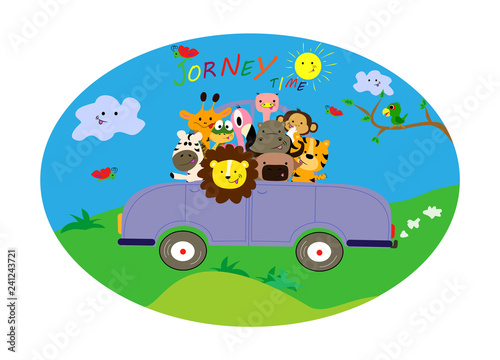 Jorney by car. Cute little animals have a nice trip.