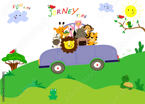 Cute animals have a nice journey by car.