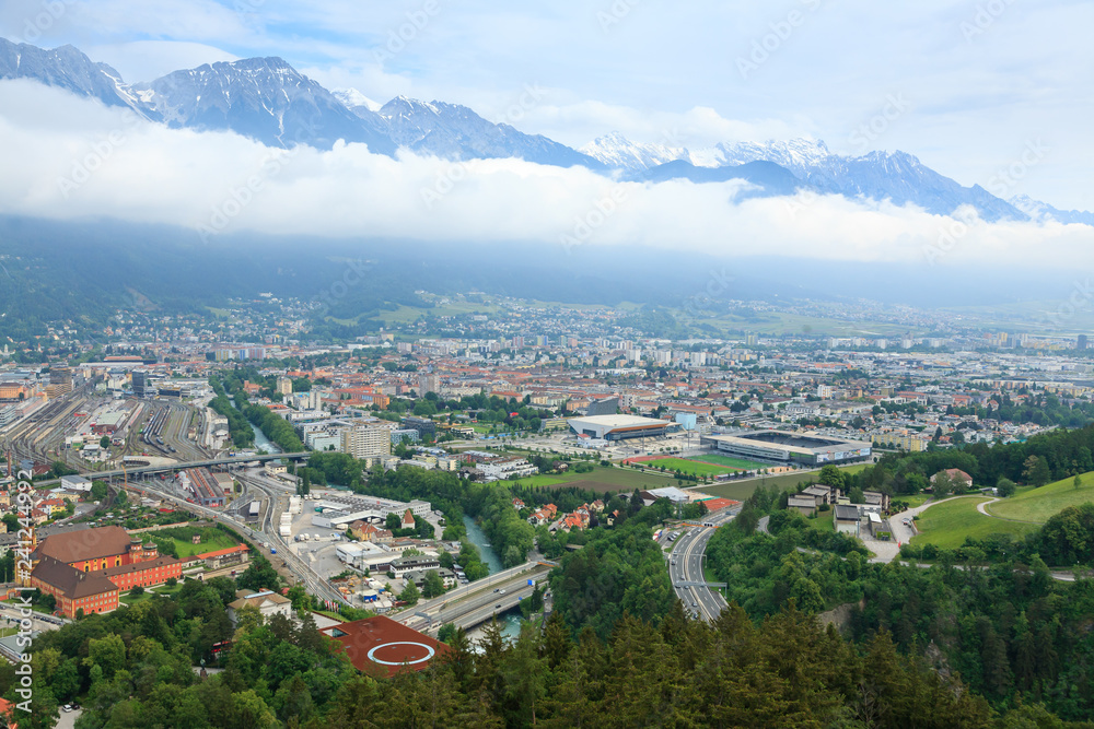 Innsbruck aerial view with alps in background