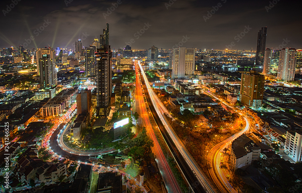 Fototapeta premium Bangkok cityscape, Bangkok night view in the business location. Bangkok, Thailand - December 31, 2018