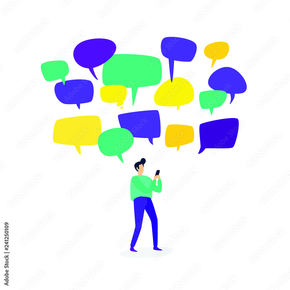 Illustration of a man with a telephone. Vector. A man communicates in chat rooms through messengers. Flat style. Communication in social networks. Dependence on mobile devices and the Internet. Comic Illustration of a man with a telephone. Vector. A man communicates in chat rooms through messengers. Flat style. Communication in social networks. Dependence on mobile devices and the Internet. Comic