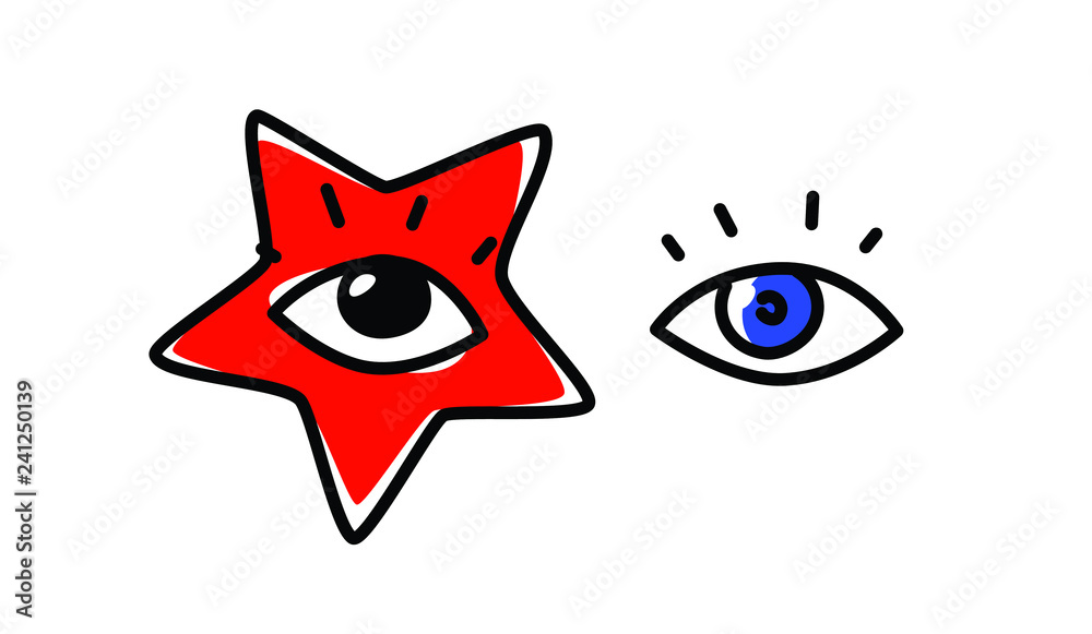 Illustration of human eyes. Vector. The look is directed to the viewer. An image of a pop star. Red star as a make-up on the face. Fashionable image for t-shirt. Illustration of human eyes. Vector. The look is directed to the viewer. An image of a pop star. Red star as a make-up on the face. Fashionable image for t-shirt.