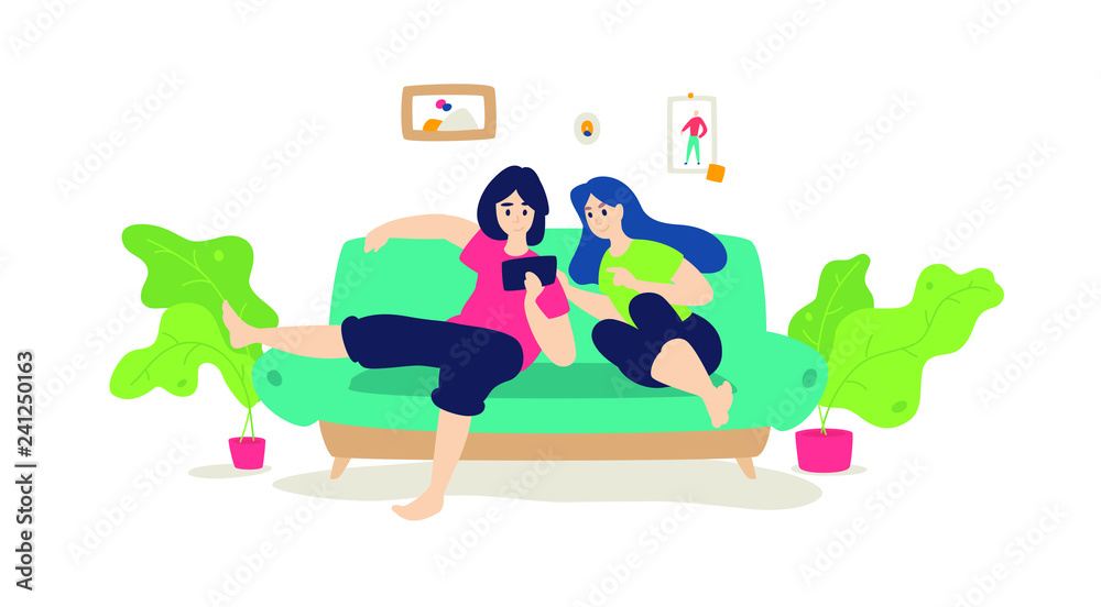 Fototapeta premium A married couple is resting on the sofa. Vector. Flat cartoon style. Music lessons. The guy with the girl surfing the Internet while sitting at home. Shopping online. Chatting with friends. Banner, po