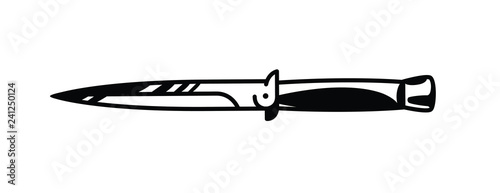 Knife logo illustration. Vector. Painted gangster knife. Black and white contour graphic drawing. Tattoo. Decorative element for design.