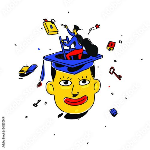 Illustration of a student in a square cap. Vector. Man on the stairs rises to the sky for a dream. Metaphor. The book with the key as an image of knowledge and education. Surreal picture.