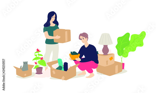 Illustration of a girl and a young man unpacking household items. Vector. Flat cartoon style. Moving to a new apartment. Cargo delivery. Husband, wife and cat pack their belongings. Banner.