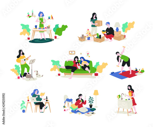 A collection of young men and women spends the weekend at home - gathering things, playing the guitar, reading books, surfing the Internet, doing the dishes, preparing. Color illustrations in flat car