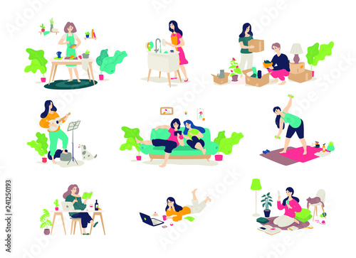 Illustrations of girls and boys engaged in household chores. Vector. Young people relax, play the guitar, cook, sit on the Internet. Relocation, delivery of things. Illustrations for the magazine. Gym