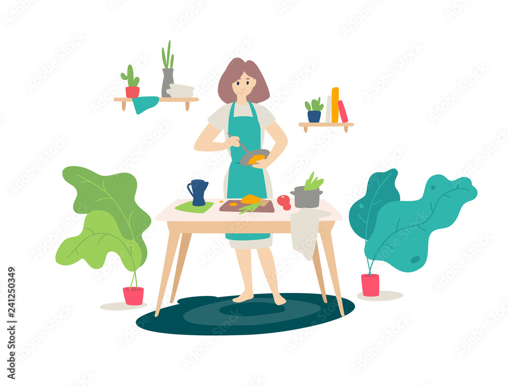 Illustration of a girl in an apron cooking in the kitchen. Flat cartoon style. Woman at cooking. Homemade healthy food. Healthy lifestyle. Cooking lessons. Poster, banner. Illustration of a girl in an apron cooking in the kitchen. Flat cartoon style. Woman at cooking. Homemade healthy food. Healthy lifestyle. Cooking lessons. Poster, banner.