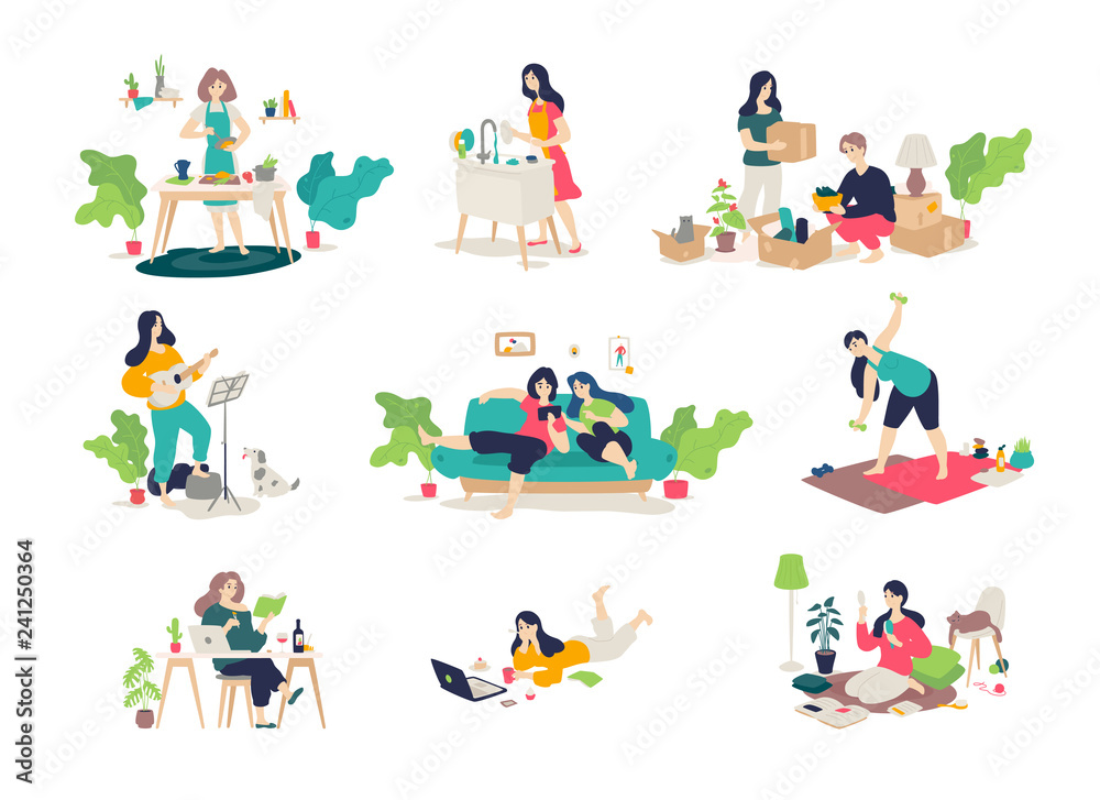Illustrations of girls and boys engaged in household chores. Young people relax, play the guitar, cook, sit on the Internet. Relocation, delivery of things. Illustrations for the magazine. Gymnastics. Illustrations of girls and boys engaged in household chores. Young people relax, play the guitar, cook, sit on the Internet. Relocation, delivery of things. Illustrations for the magazine. Gymnastics.