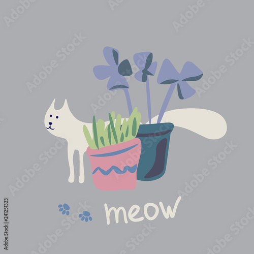Vector concept  with cute cat and flowers  in soft colors on a grey background, great for polygraphy or textile design.Flat,hand drawn