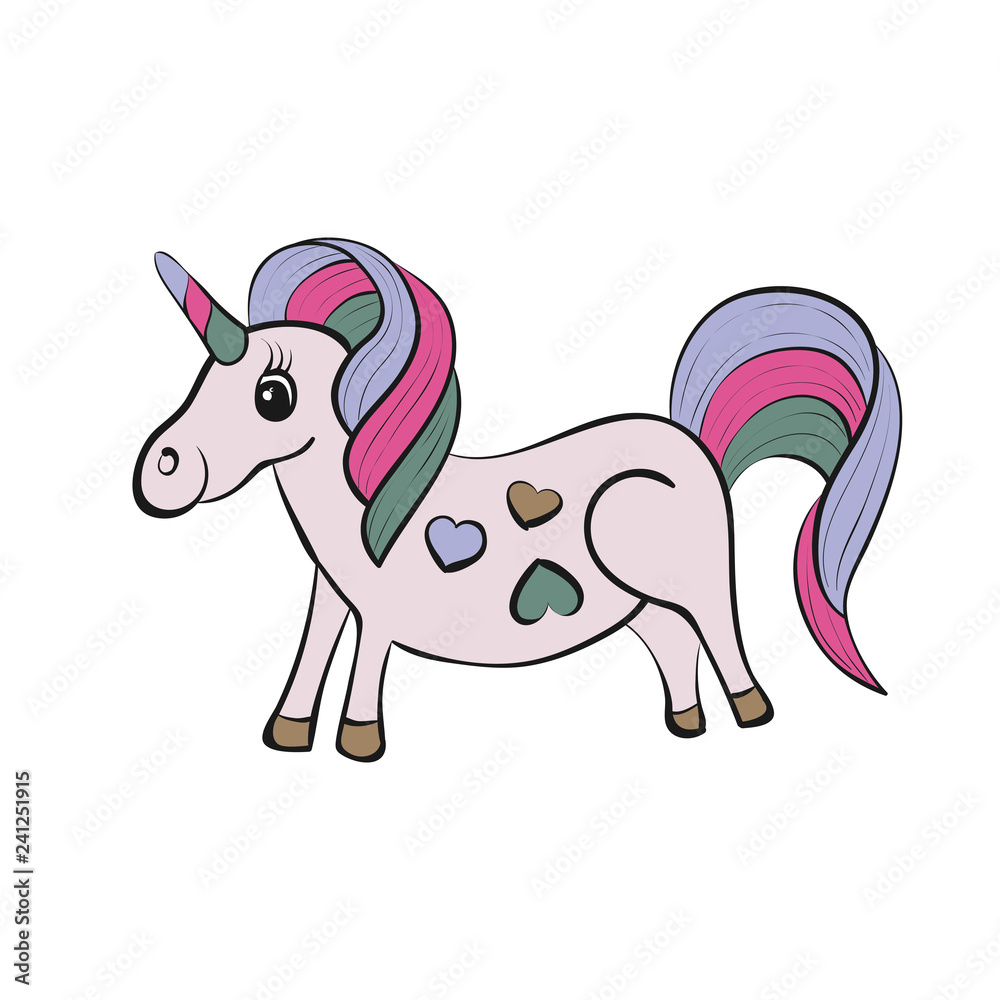 Vector cartoon cute pink color unicorn with smile. Сhildren hand drawing  beauty animal on white background. Magic horse with hearts for child  coloring book page. Stock Vector | Adobe Stock