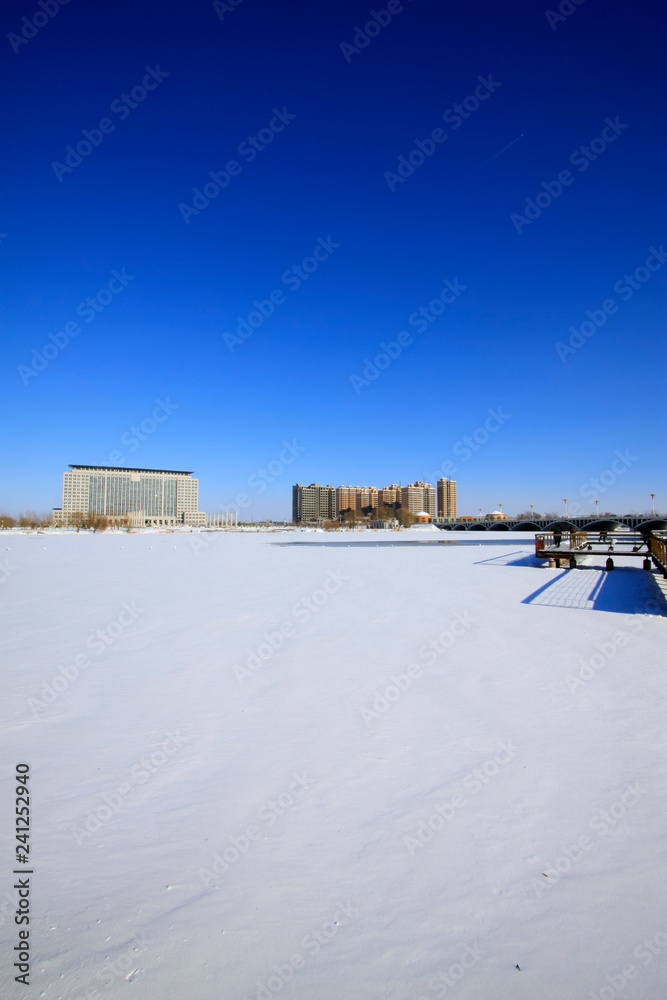 Construction and pier in the snow