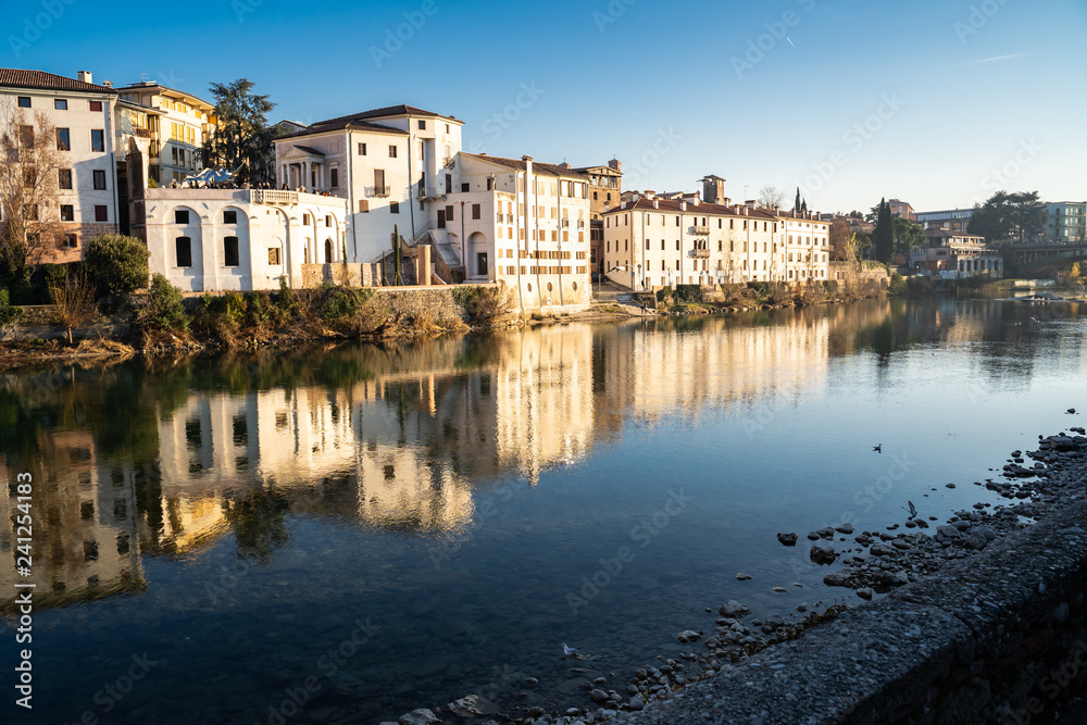 View of Bassano del Grappa, in Italy, from the river beside the castle