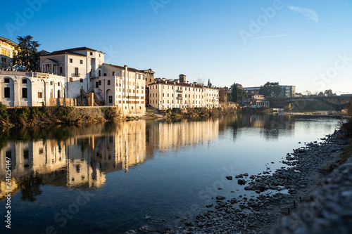 View of Bassano del Grappa, in Italy, from the river beside the castle