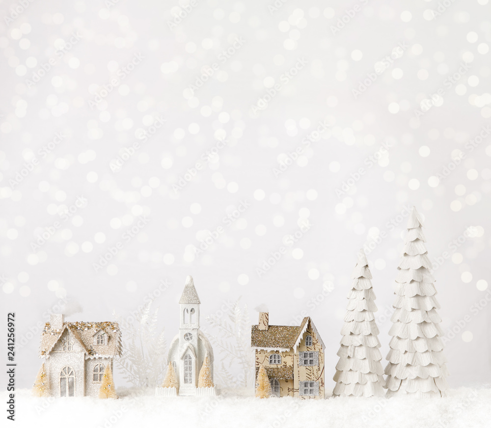 Fototapeta premium Christmas Village on a Snowy Shelf Table Christmas Decoration