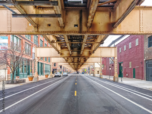 Lake Street underneath the elevated train in the Fulton Market neighborhood, east perspective. Main streets in Chicago, streets in Illinois.