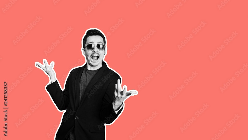 Collage in magazine style with emotional fashion crazy hipster guy in sunglasses. Salesman with moustache amazed. Trendy pantone color living coral background for sale banner. Discount sales concept.