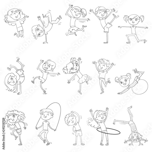 Children are engaged in different kinds of sports. Fitness. Dancing breakdance. Coloring book