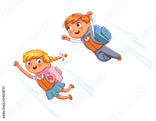 Superhero kids fly to school. Funny cartoon character