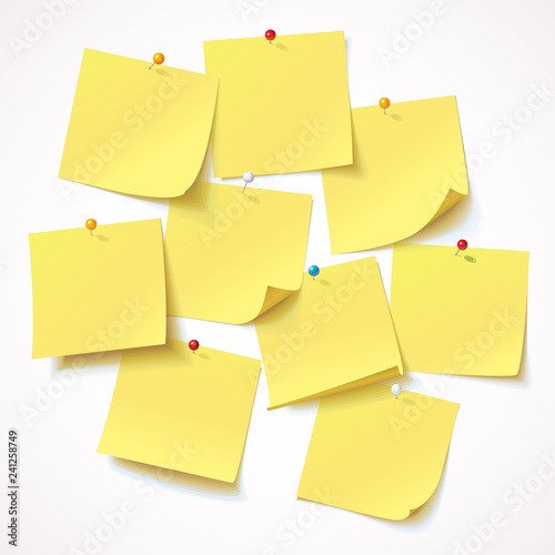 Big collection yellow sticker pinned pushbutton with curled corner, ready for your message