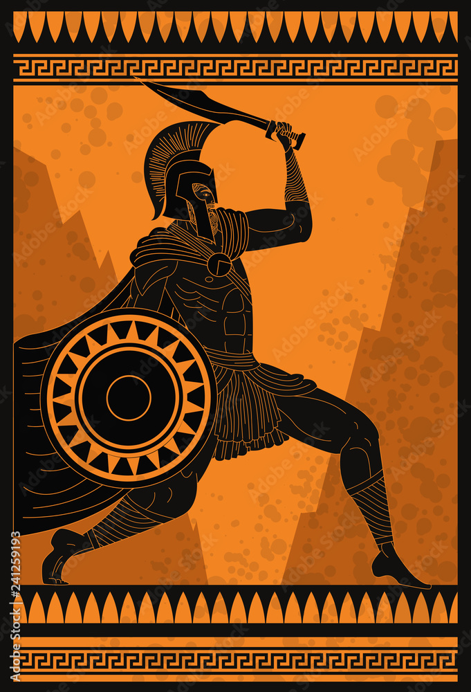 Naklejka spartan soldier with shield and sword orange and black figure ceramic