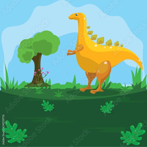 Illustration of a yellow dinosaur on a green land with a blue sky background