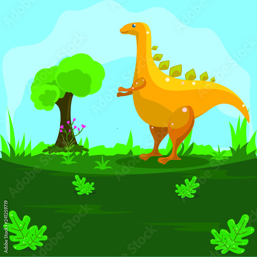 Illustration of a yellow dinosaur on a green land with a blue sky background