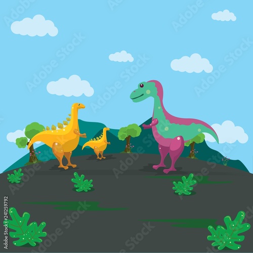 Illustration of a collection of dinosaurs gathered  with a background of mountains and clear skies