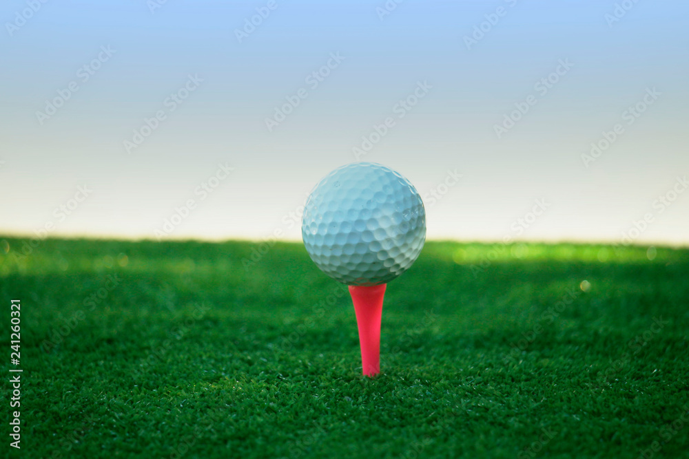 Golf ball on tee in beautiful golf course at bokeh background. Golf ball on green in golf course Golf ball on tee in beautiful golf course at bokeh background. Golf ball on green in golf course