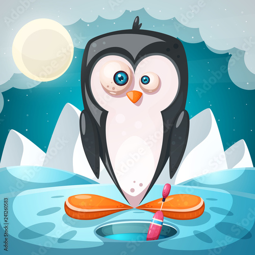Winter landscape, cartoon penguin characters.