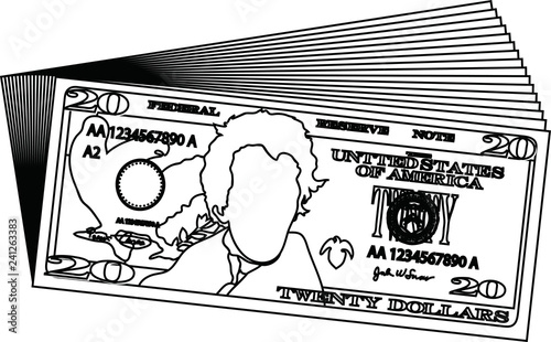 Bunch of 20 US dollar banknote outline