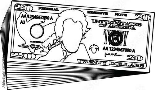 Bunch of 20 US dollar banknote outline