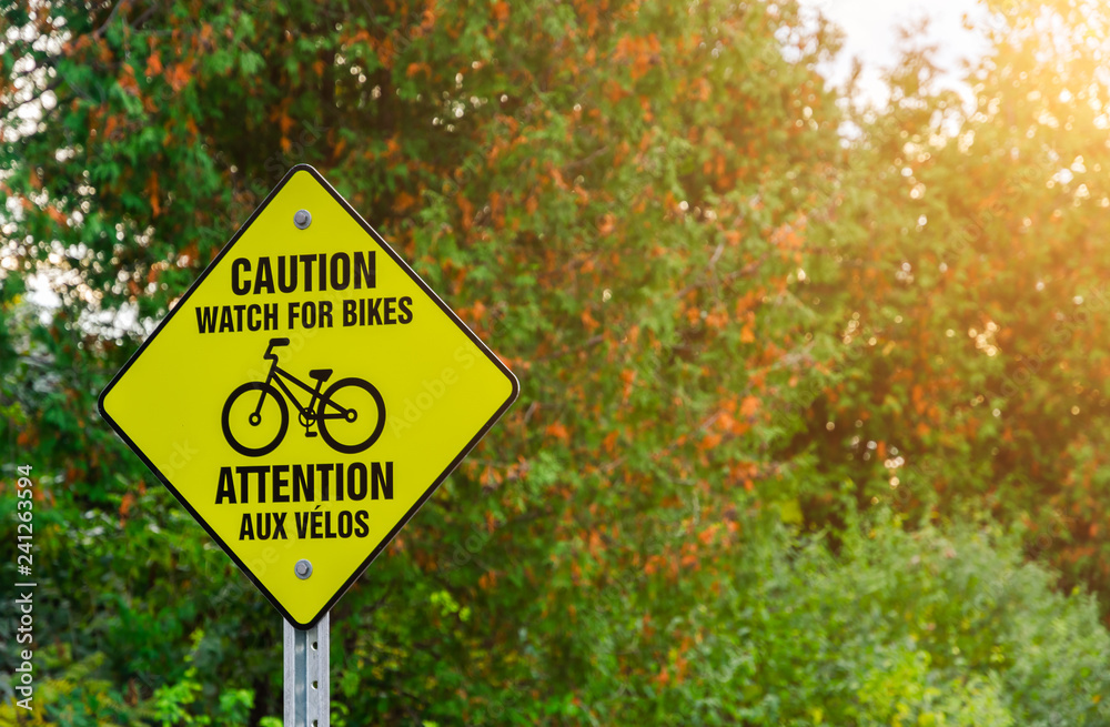 Bicycle caution sign in the park