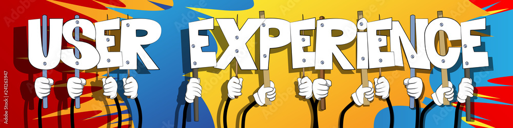 Diverse hands holding letters of the alphabet created the words User Experience. Vector illustration. Diverse hands holding letters of the alphabet created the words User Experience. Vector illustration.