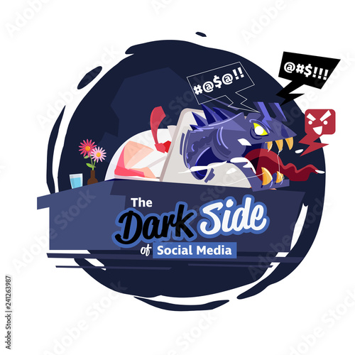 two-face or dark side people in social media concept. man with another side as devil monster when use social media. cyber bulling - vector
