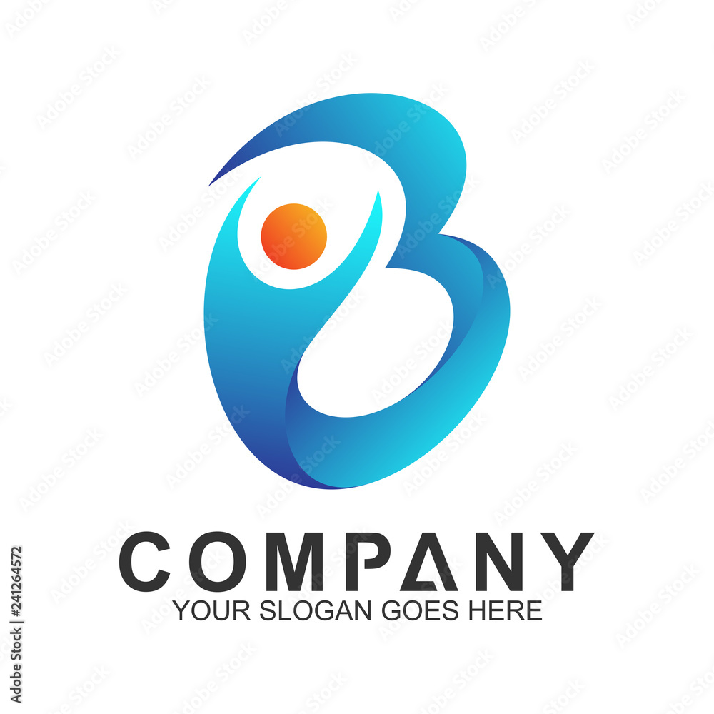 letter B logo with people shape, lifestyle symbol, healthy and sport