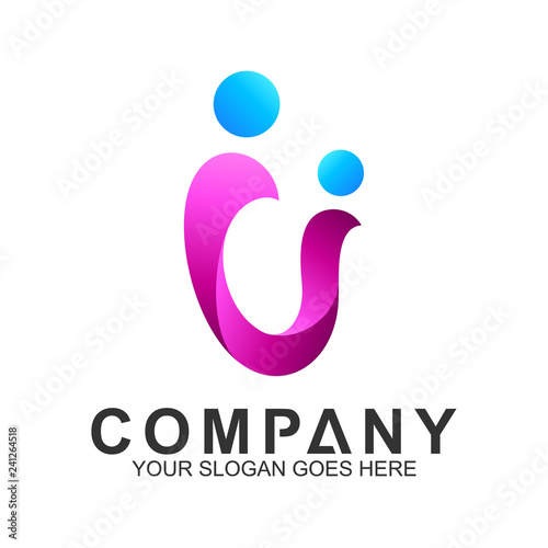 letter U logo with people shape, caring symbol, mother care and protection icons