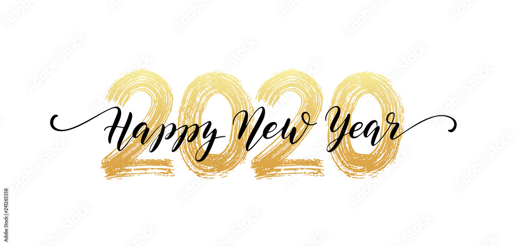 2020 Happy New Year script text hand lettering. Design template Celebration typography poster, banner or greeting card for Merry Christmas and happy new year. Vector Illustration - obrazy, fototapety, plakaty 