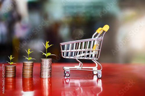 shopping cart with step of coins stacks and tree growing on top  money  shopping saving and investment or family planning concept.