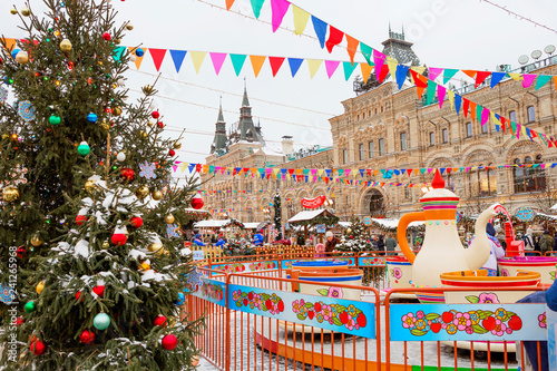 Moscow, Russia, New Year. Christmas. Christmas decoration Red Square. In the new year holidays on Red Square in Moscow established Christmas trees, carousels.