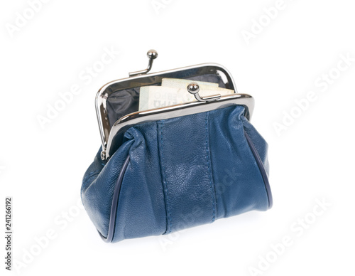 Open blue leather coin purse with euro bill isolated on white background.