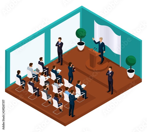 Trendy Isometric people 3D businessmen, people elections, President's speech, birthday of Washington, meeting with press, vote on performance trebune, gym, flag
