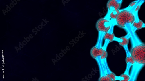 3D illustration of blue ball fragment, molecular structure, luminous graphene, carbon molecule, three-dimensional grid. The idea of nanotechnology development. 3D rendering, dark background.