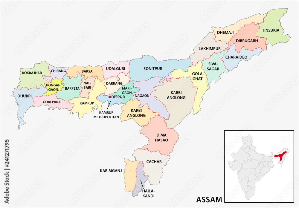 administrative and political map of indian state of Assam, india