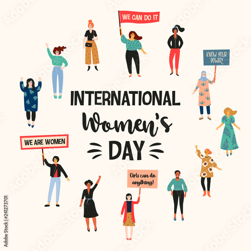 International Womens Day. Vector illustration with women different nationalities and cultures.