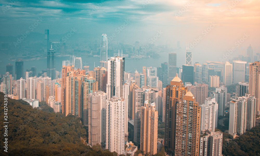 Teal and orange color of Hong Kong as viewed from Victoria Peak