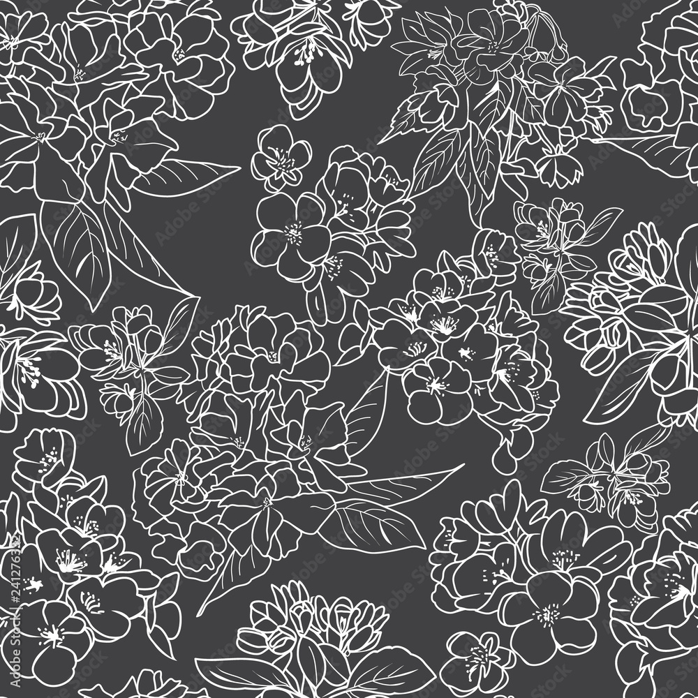 Fototapeta premium Сherry blossom outline botanical background.