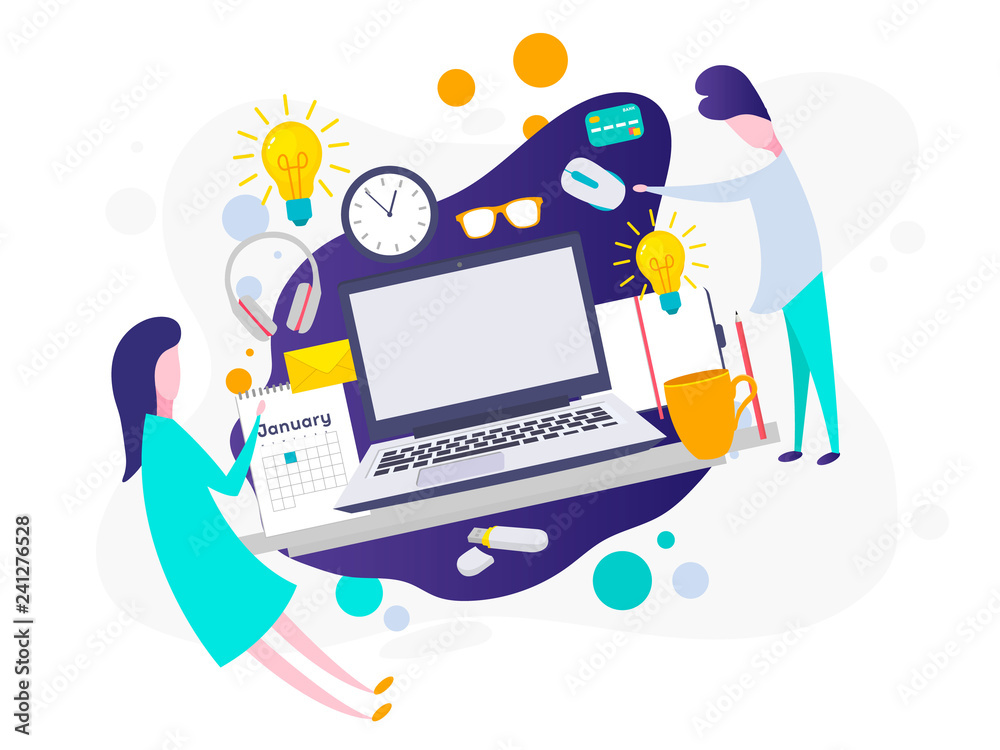 Set of flat vector design illustration of modern business office and workspace with people. Flat Style Modern Design Concept of Creative Office Workspace.