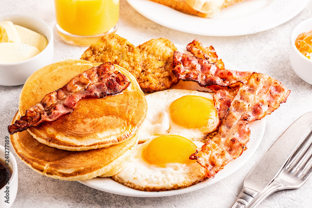 Healthy Full American Breakfast With Eggs Bacon Pancakes And Latkes healthy-full-american-breakfast-with-eggs-bacon-pancakes-and-latkes